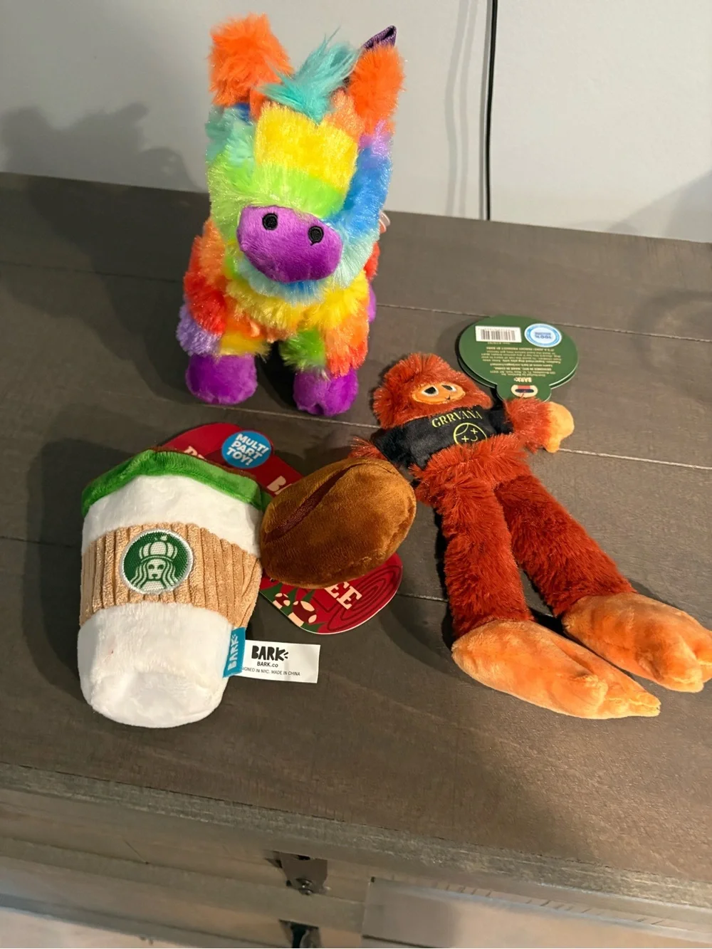 Bark Multicolor Rainbow Donkey Plush with Orange Monkey & Brown Coffee Cup Toys